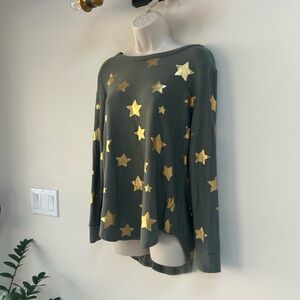 Chaser Olive Green Long Sleeve Top with Gold Star Print
